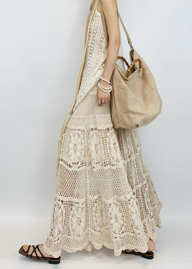 Art Beige Hollow Out Spaghetti Strap Tank And Skirts Knit Two Pieces Set Sleeveless