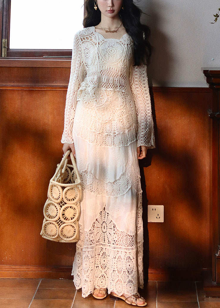 Art Beige Hollow Out Tops And Skirts Lace Two Piece Set Fall