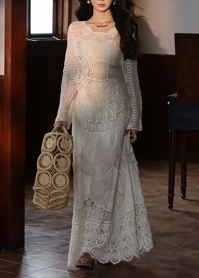 Art Beige Hollow Out Tops And Skirts Lace Two Piece Set Fall
