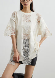 Art Beige Lace Hollow Out Cotton T Shirts Summer