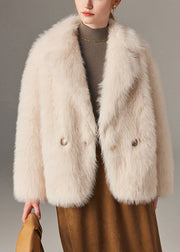 Art Beige Notched Button Leather And Fur Coats Winter