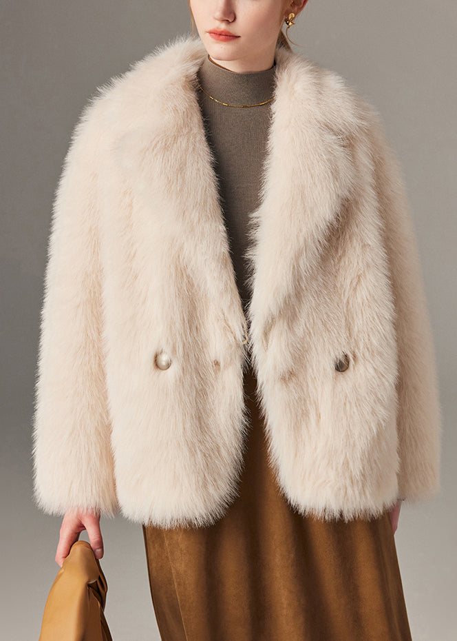 Art Beige Notched Button Leather And Fur Coats Winter