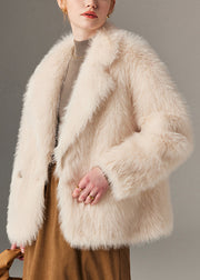 Art Beige Notched Button Leather And Fur Coats Winter