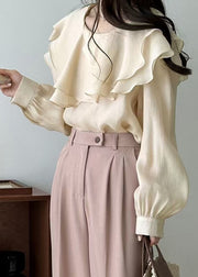 Art Beige Original Design Layered Solid Cotton Blouses Fall