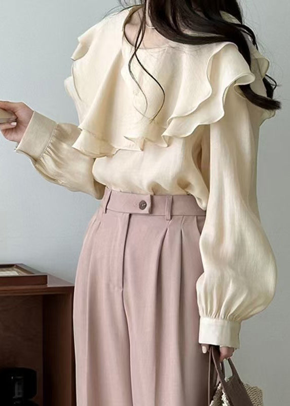 Art Beige Original Design Layered Solid Cotton Blouses Fall
