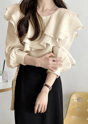 Art Beige Original Design Layered Solid Cotton Blouses Fall