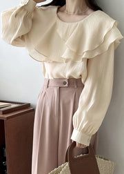 Art Beige Original Design Layered Solid Cotton Blouses Fall