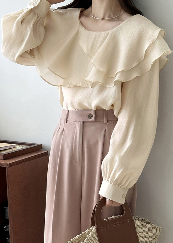 Art Beige Original Design Layered Solid Cotton Blouses Fall