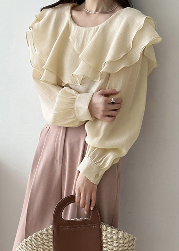 Art Beige Original Design Layered Solid Cotton Blouses Fall