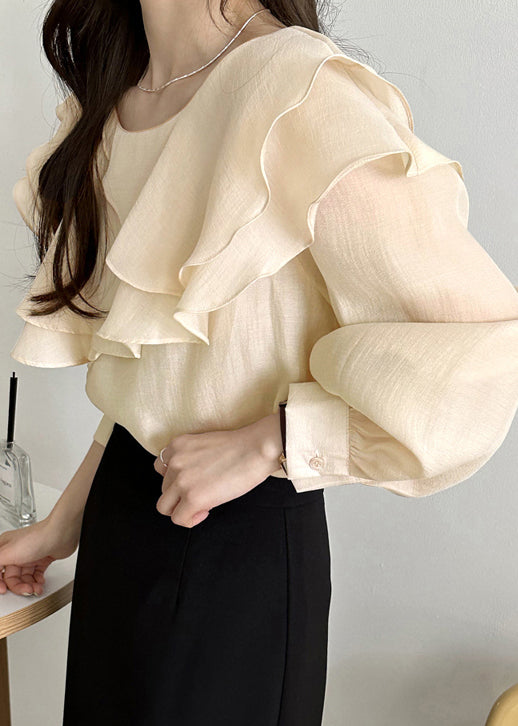 Art Beige Original Design Layered Solid Cotton Blouses Fall
