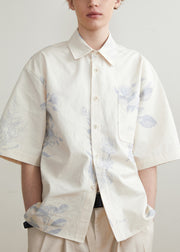 Art Beige Print Button Cotton Men Shirts Half Sleeve