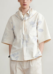 Art Beige Print Button Cotton Men Shirts Half Sleeve