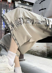 Art Beige Print Button Patchwork Cotton Men Crop Pants Summer