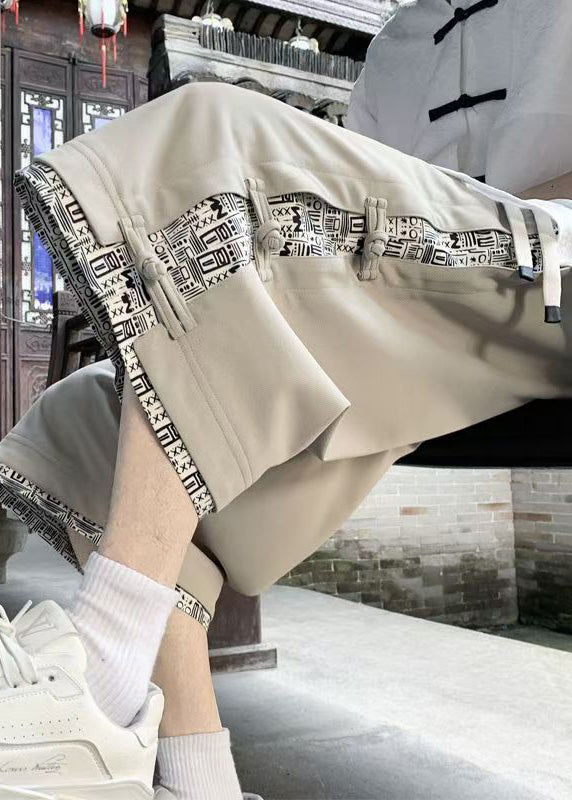 Art Beige Print Button Patchwork Cotton Men Crop Pants Summer