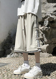 Art Beige Print Button Patchwork Cotton Men Crop Pants Summer