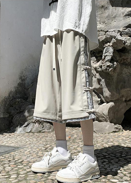 Art Beige Print Button Patchwork Cotton Men Crop Pants Summer