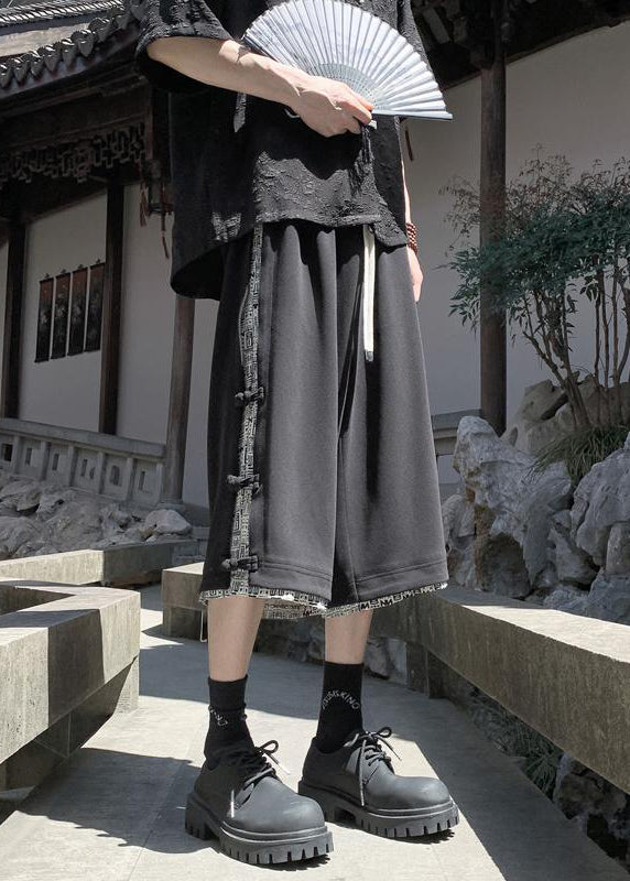 Art Beige Print Button Patchwork Cotton Men Crop Pants Summer