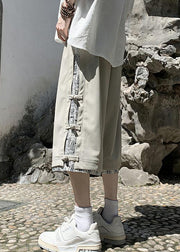 Art Beige Print Button Patchwork Cotton Men Crop Pants Summer