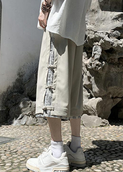 Art Beige Print Button Patchwork Cotton Men Crop Pants Summer