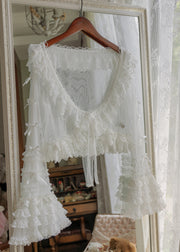 Art Beige Ruffled Bow Tulle Cardigans Flare Sleeve