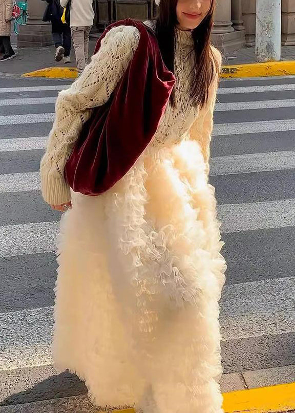 Art Beige Ruffled High Waist Tulle Skirts Summer