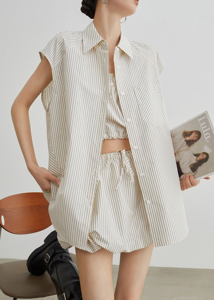 Art Beige Striped Drawstring Button Cotton Three Piece Set Summer