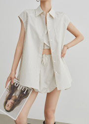 Art Beige Striped Drawstring Button Cotton Three Piece Set Summer