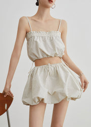 Art Beige Striped Drawstring Button Cotton Three Piece Set Summer