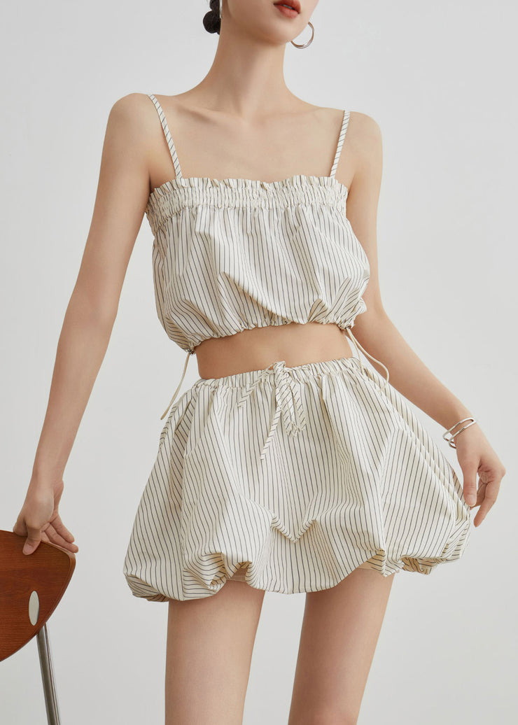 Art Beige Striped Drawstring Button Cotton Three Piece Set Summer
