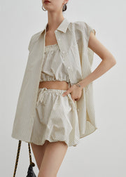 Art Beige Striped Drawstring Button Cotton Three Piece Set Summer