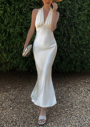 Art Beige V Neck Backless Solid Silk Long Dresses Sleeveless