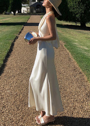 Art Beige V Neck Backless Solid Silk Long Dresses Sleeveless