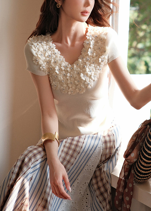 Art Beige V Neck Floral Nail Bead Knit T Shirts Summer