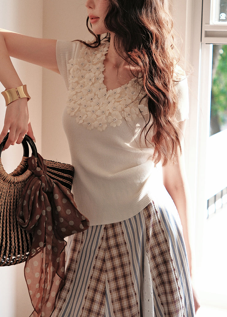 Art Beige V Neck Floral Nail Bead Knit T Shirts Summer