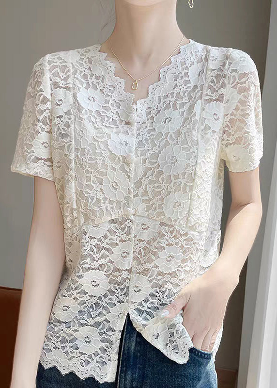 Art Beige V Neck Side Open Lace Shirts Summer