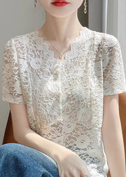 Art Beige V Neck Side Open Lace Shirts Summer