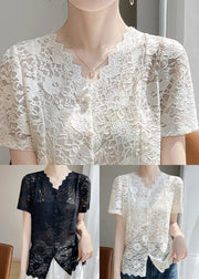 Art Beige V Neck Side Open Lace Shirts Summer