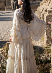 Art Beige Wrinkled Lace Up Cotton Long Dress Flare Sleeve
