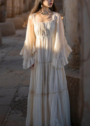Art Beige Wrinkled Lace Up Cotton Long Dress Flare Sleeve