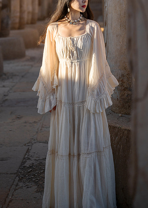 Art Beige Wrinkled Lace Up Cotton Long Dress Flare Sleeve
