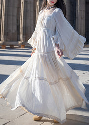 Art Beige Wrinkled Lace Up Cotton Long Dress Flare Sleeve