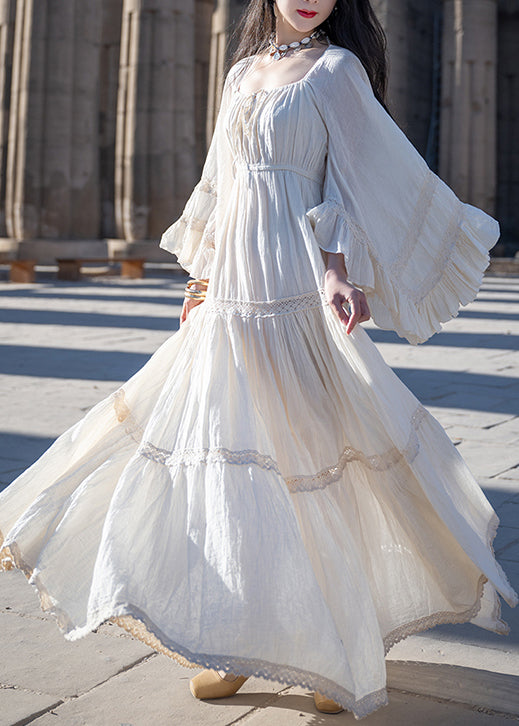 Art Beige Wrinkled Lace Up Cotton Long Dress Flare Sleeve