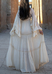Art Beige Wrinkled Lace Up Cotton Long Dress Flare Sleeve