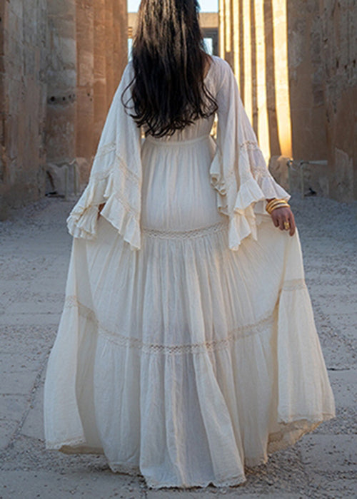 Art Beige Wrinkled Lace Up Cotton Long Dress Flare Sleeve