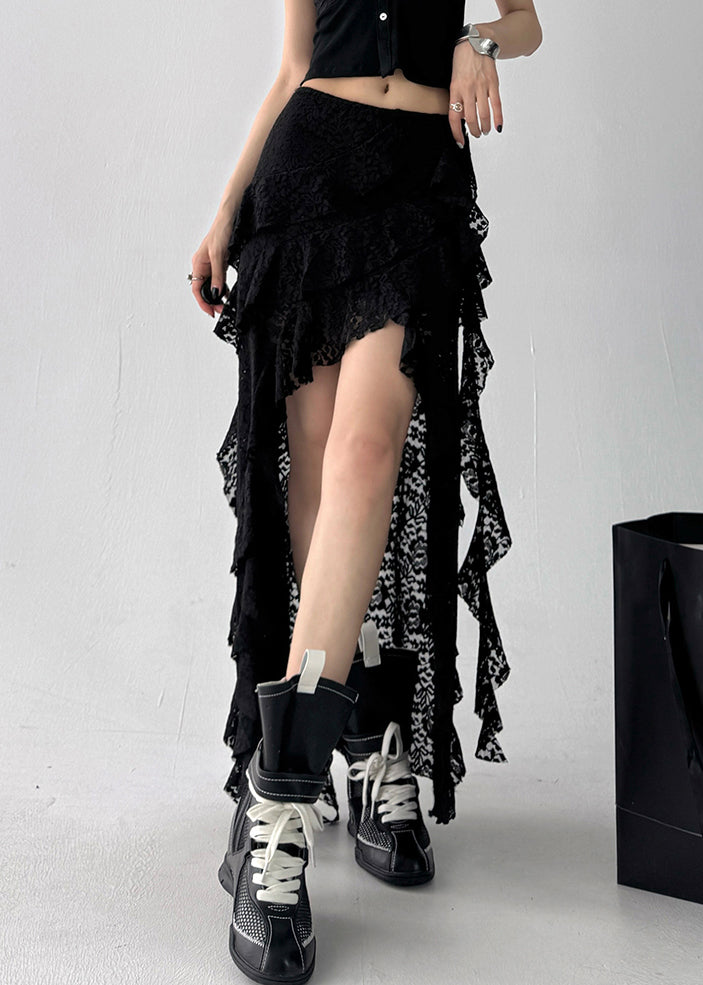 Art Black Asymmetrical High Waist Lace Skirt Summer