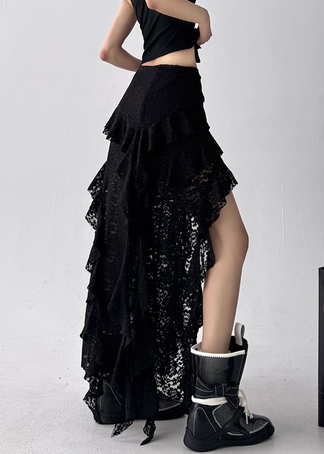 Art Black Asymmetrical High Waist Lace Skirt Summer