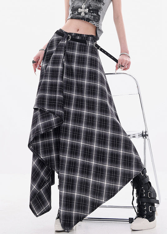 Art Black Asymmetrical Plaid Cotton Skirts Fall