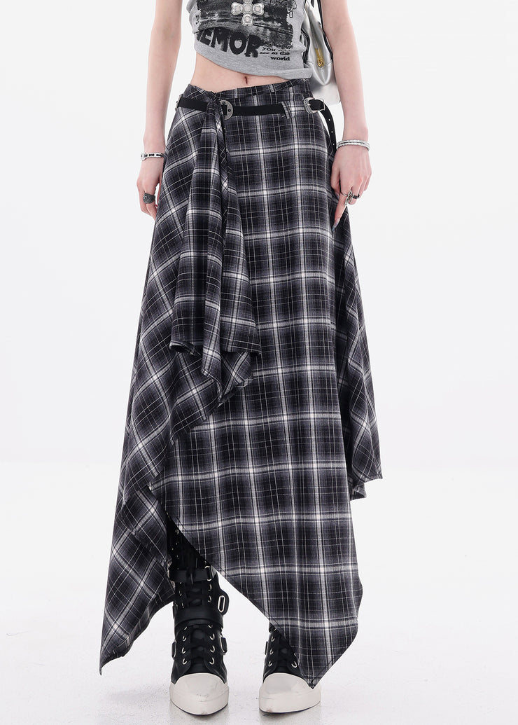 Art Black Asymmetrical Plaid Cotton Skirts Fall