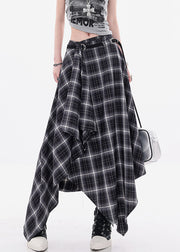 Art Black Asymmetrical Plaid Cotton Skirts Fall