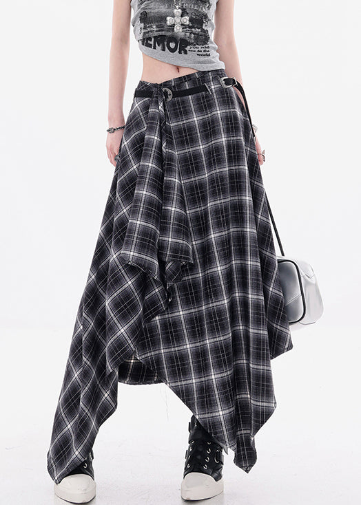 Art Black Asymmetrical Plaid Cotton Skirts Fall